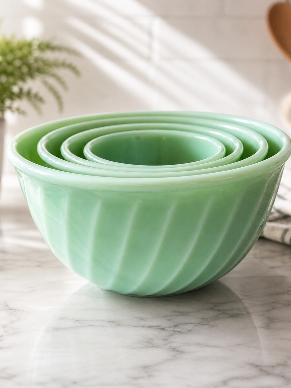 Fire-King Jadeite Swirl Mixing Bowl Set 4 Nesting Vintage Glass